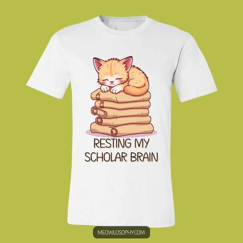 Funny Sleepy Kitten T-Shirt: Adorable Cat Napping on History Scrolls, Gift