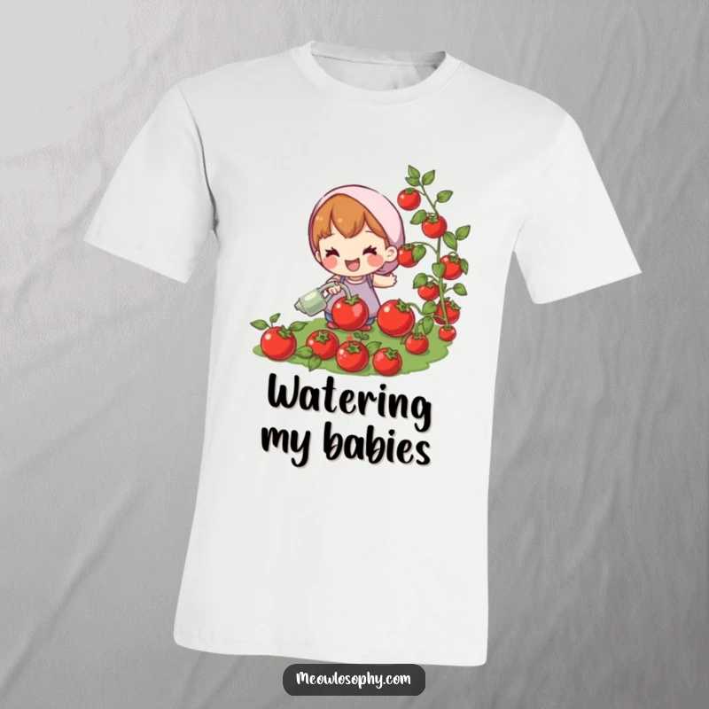 Funny t-shirt of a joyful character watering plump, red tomatoes. Great for gardeners and tomato lovers.