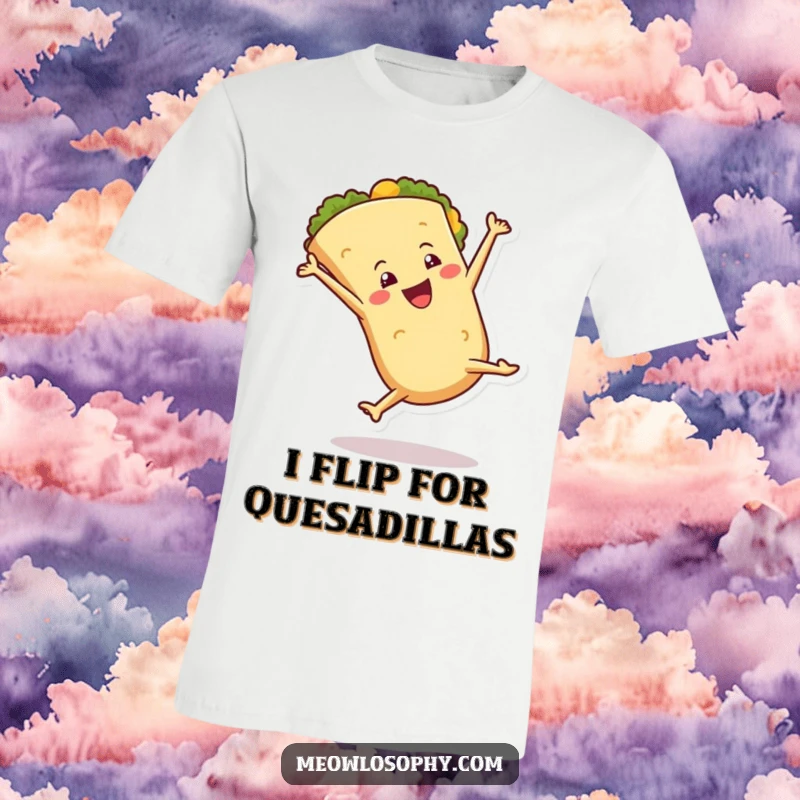 Funny T-Shirt depicting an anthropomorphic tortilla character performing an impressive cartwheel with a flourish, showcasing energetic fun.