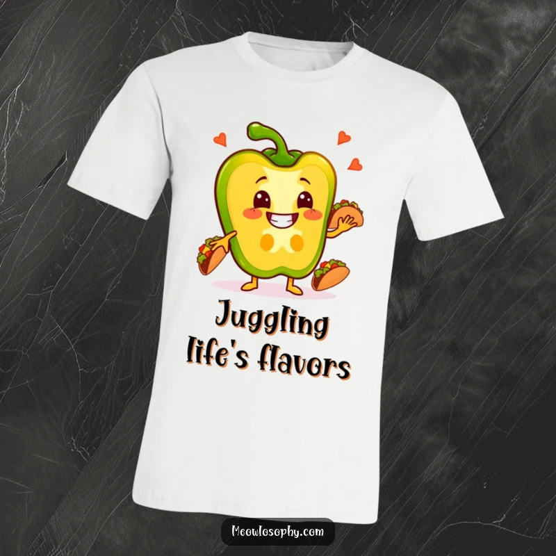 Funny Pepper T-Shirt featuring a smiling bell pepper slice juggling multiple tiny tacos with great skill.