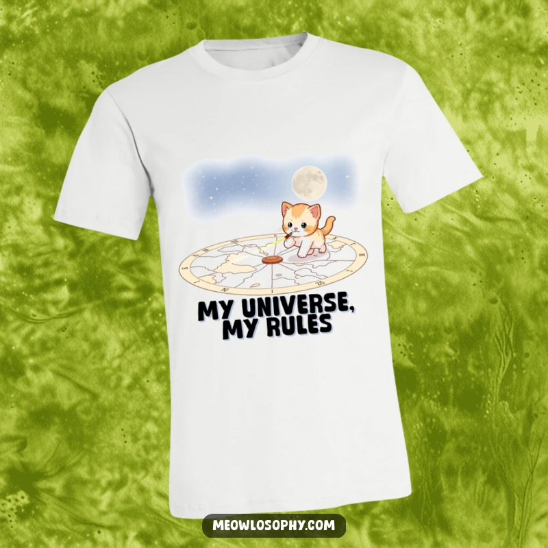 Funny playful kitten t-shirt, depicting a kitten in hot pursuit of a laser pointer beam across a detailed celestial map.