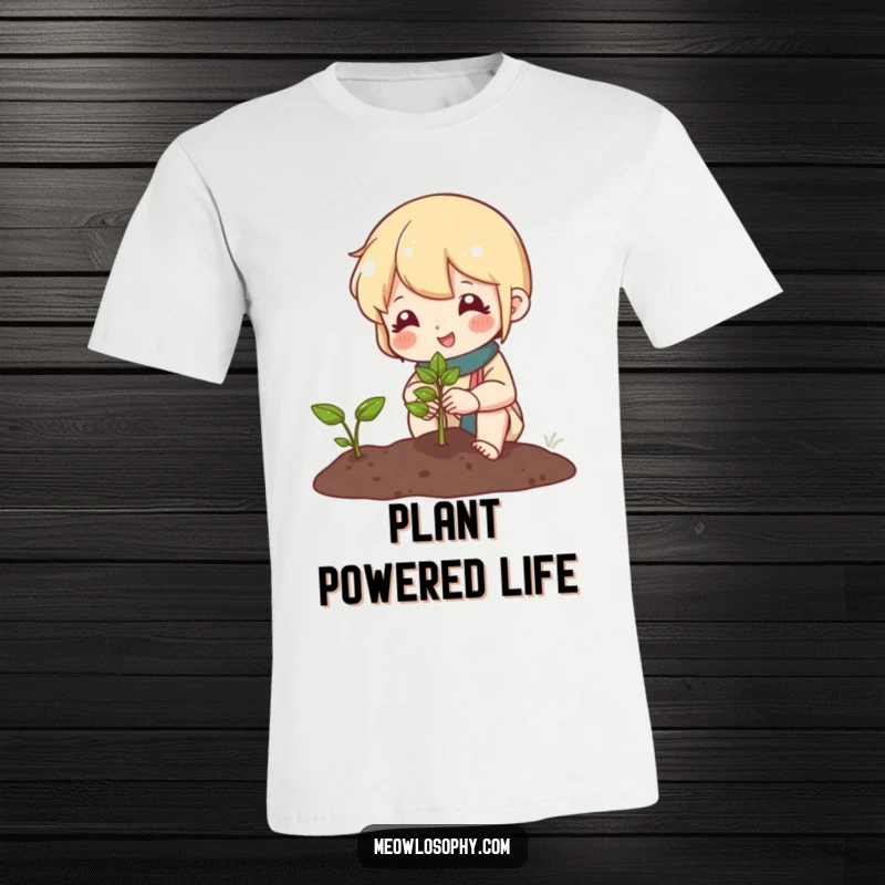 Funny T-shirt depicting a cute character gardening a miniature plant, smiling at a seedling, celebrating growth and gentle humor.
