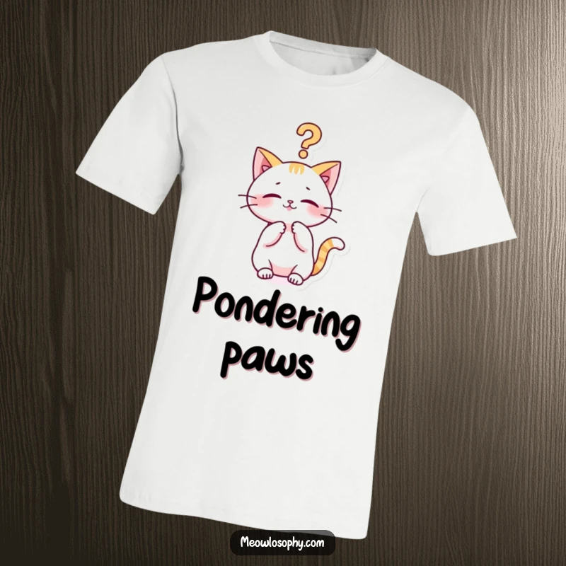 Funny kawaii cat t-shirt with a cute character playfully batting at a philosophical question mark, humorous apparel for thinkers.