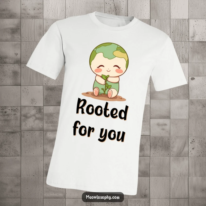 Cute Earth character sharing a gentle hug with a tiny seedling, printed on a t-shirt, symbolizing kindness and growth.