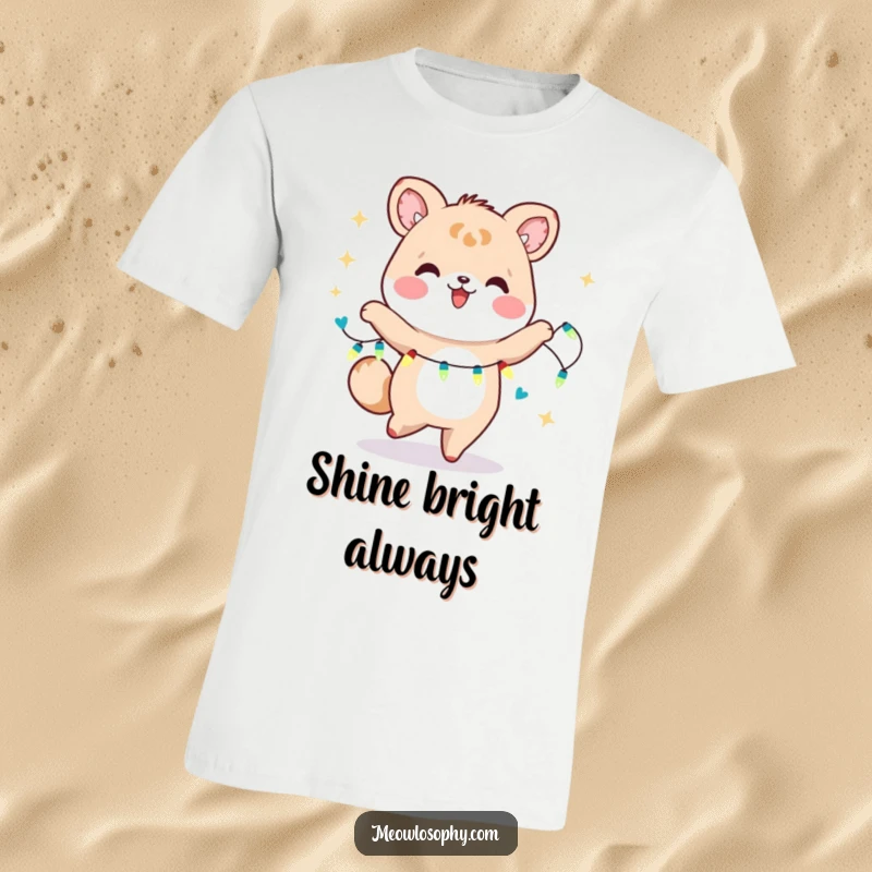Funny Kawaii Animal Dancer T-Shirt featuring a cute character joyfully dancing with a string of fairy lights. A bright and humorous gift.