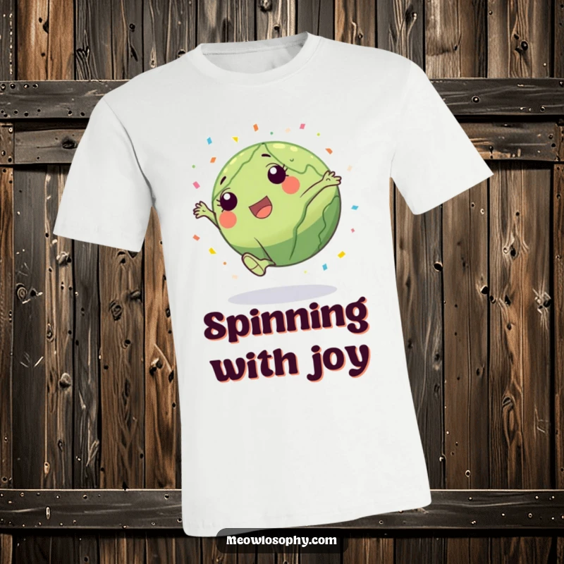 Funny Earth character doing a cartwheel with a trail of confetti, printed on a t-shirt, embodying playful celebration.
