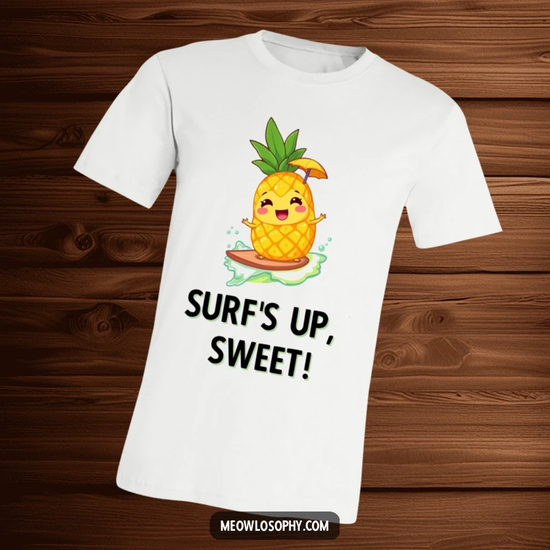 Funny t-shirt of a giggling pineapple with a tiny umbrella surfing a lemonade wave, radiating tropical fun and carefree vibes.