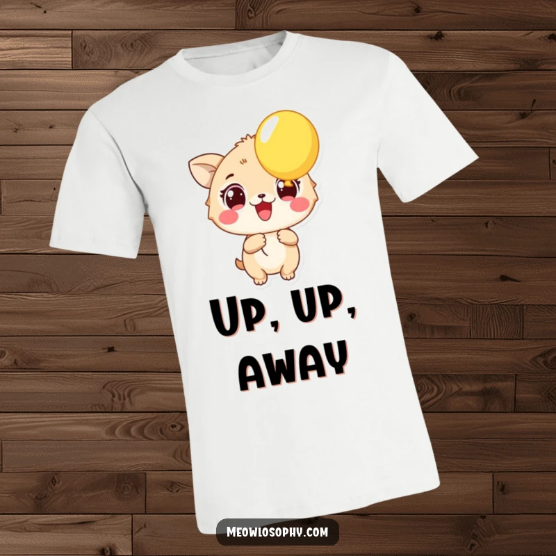 Funny Excited Animal T-Shirt depicting a character with wide, eager eyes holding a colorful balloon. A humorous and joyful graphic tee.