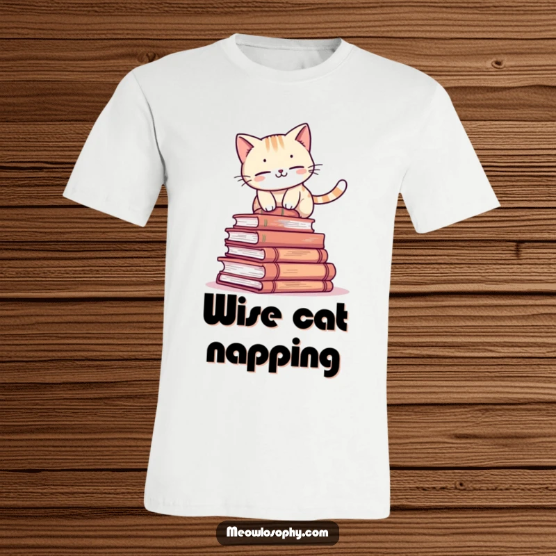 Funny cat t-shirt with an adorable character attempting to balance on a stack of ancient books, humorous apparel for readers.