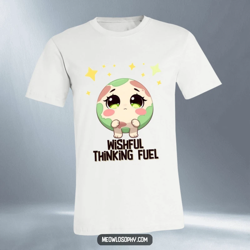 Funny Earth character with wide, sparkling eyes looking up at shooting stars, printed on a t-shirt, evoking dreams and humor.