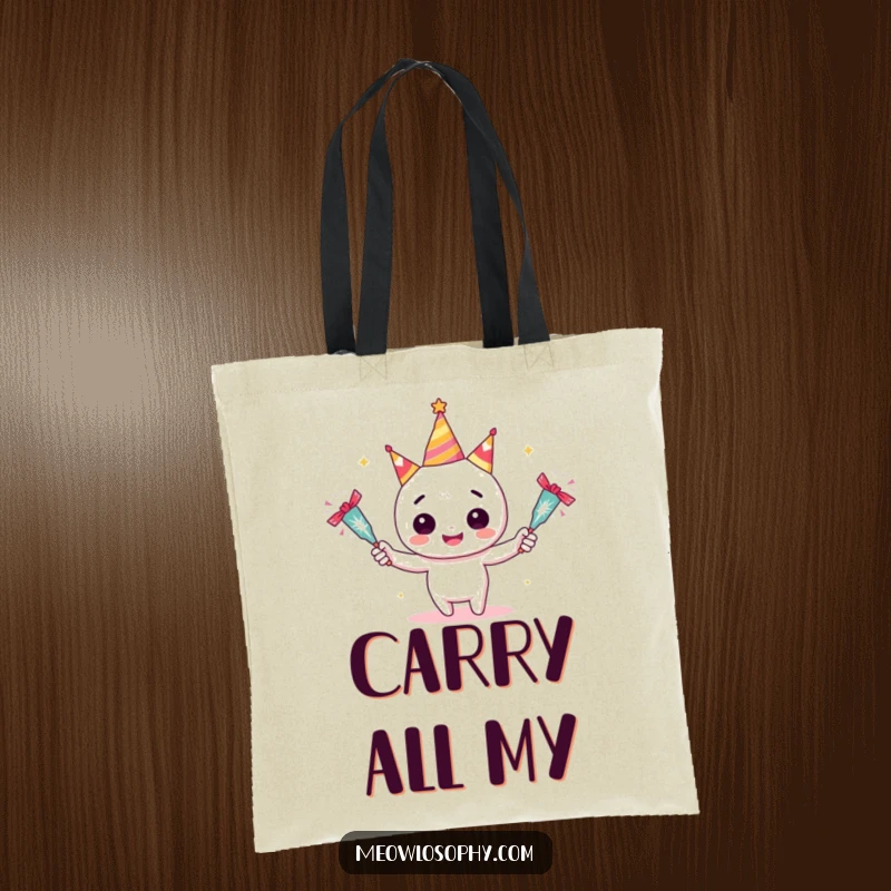 Funny Adorable Juggler Tote Bag featuring a character juggling sparkling party crackers. A humorous and practical accessory for party lovers.