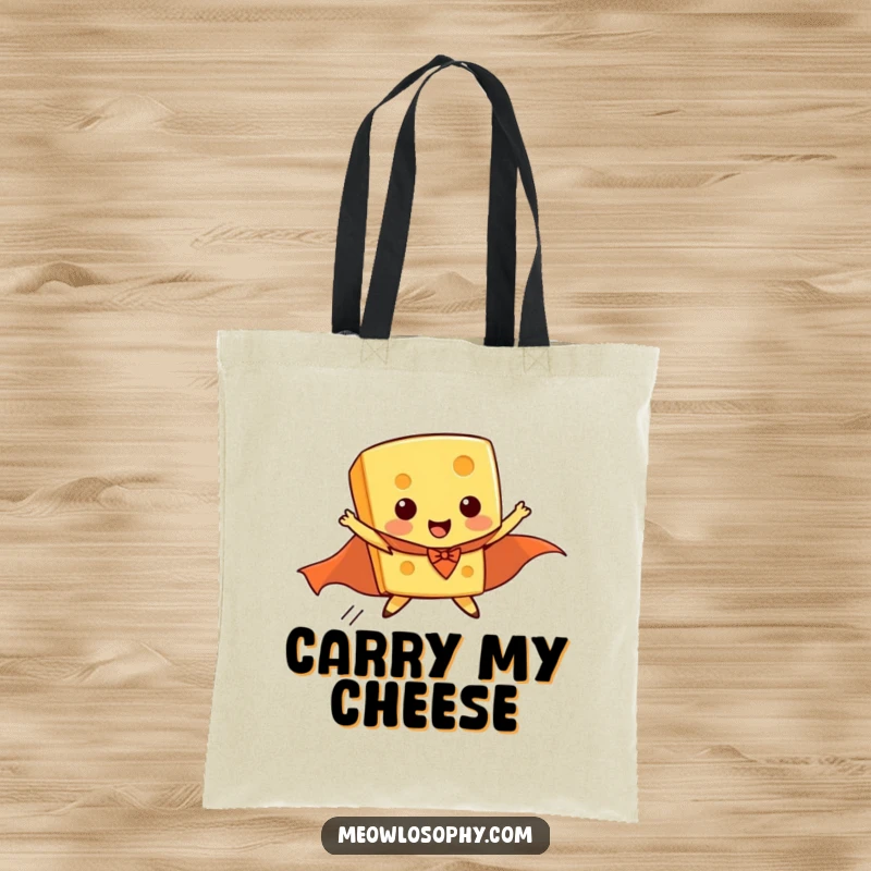 Funny tote bag graphic of a piece of cheese wearing a superhero cape, comically attempting lift-off.
