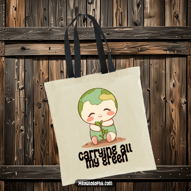 Cute Earth character sharing a gentle hug with a tiny seedling on an eco-friendly tote bag, ready for heartwarming errands.