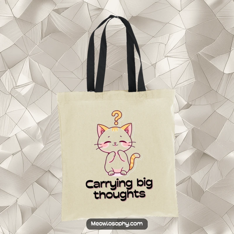 Funny kawaii cat tote bag with a cute character playfully batting at a philosophical question mark, humorous and practical accessory.