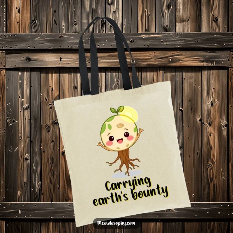 Funny Happy Earth character with roots wiggling and dancing in a sunbeam, an eco-friendly tote bag for carrying essentials.