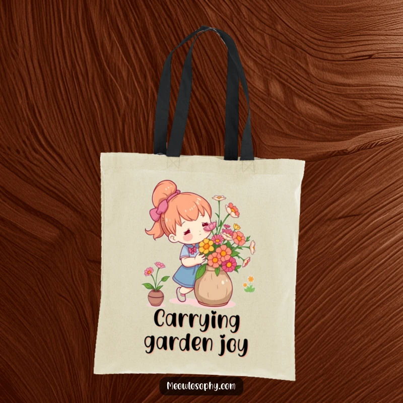 Funny cute character carefully arranging fresh flowers in a rustic vase, on a practical and stylish tote bag.