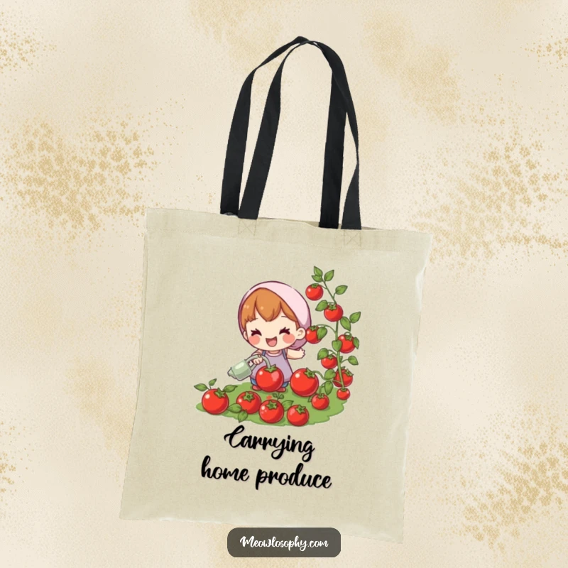 Funny tote bag depicting a joyful character watering plump, red tomatoes. Practical and humorous for gardeners.