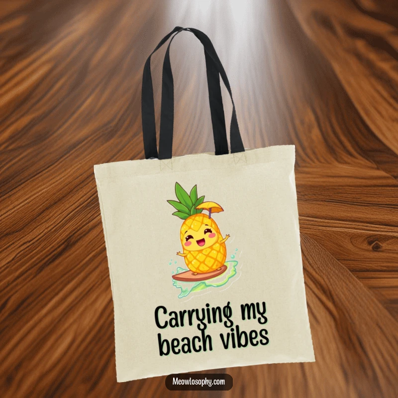 Funny tote bag with a giggling pineapple and umbrella surfing a lemonade wave, perfect for carrying essentials with tropical flair.