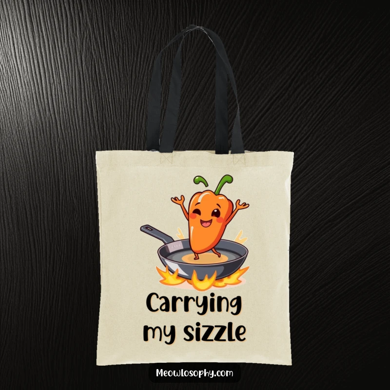 Funny grilled pepper smiling and dancing on a sizzling skillet, on a humorous and practical tote bag.