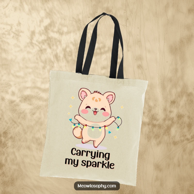 Funny Kawaii Animal Dancer Tote Bag featuring a cute character dancing with fairy lights. A humorous and practical accessory for bright souls.