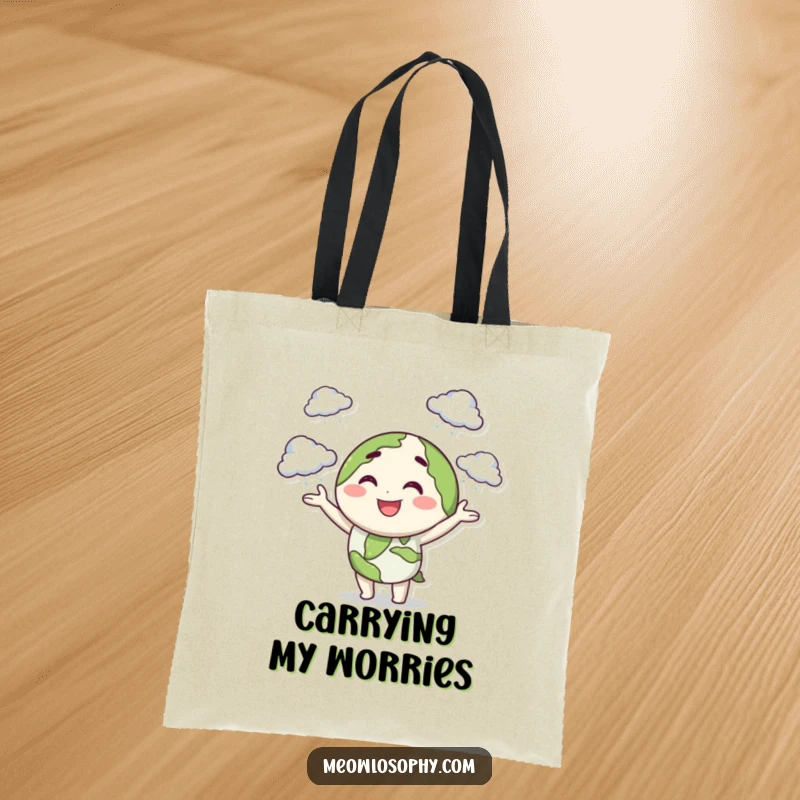 Funny tote bag featuring a smiling earth character playfully juggling tiny storm clouds with a mischievous wink, perfect for carrying humor.