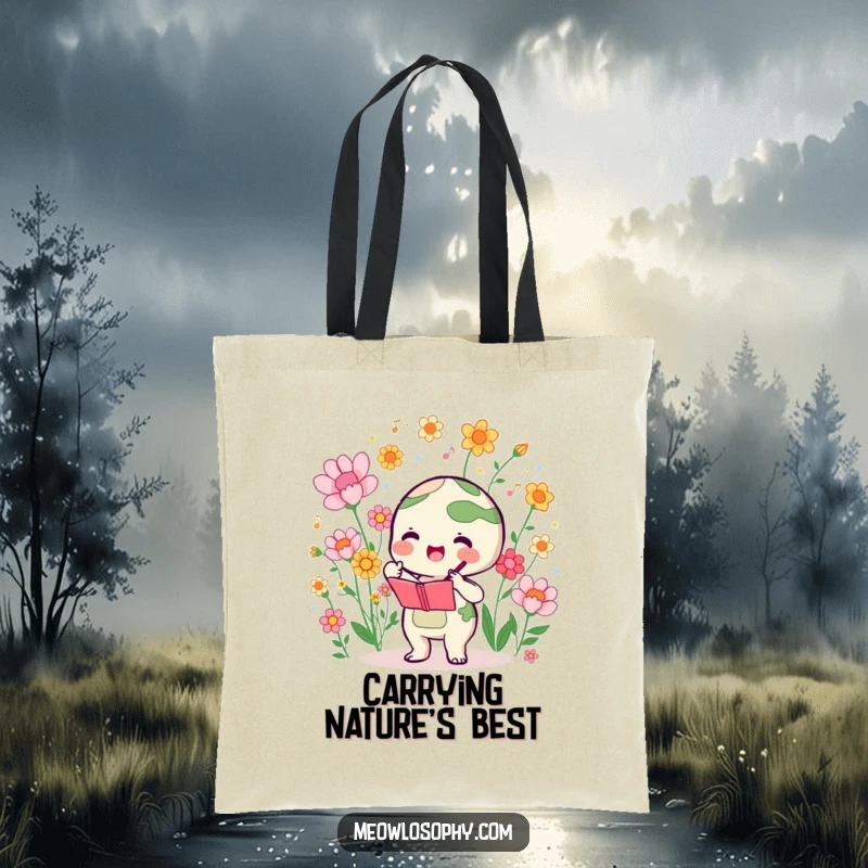 Funny tote bag with a cute earth character enthusiastically conducting a symphony of blooming flowers, perfect for carrying art.