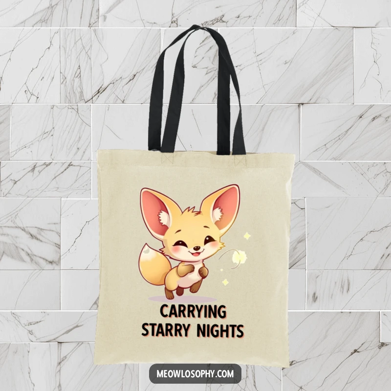 Funny tote bag featuring a fennec fox joyfully chasing a glowing firefly, a whimsical accessory for carrying daily items.