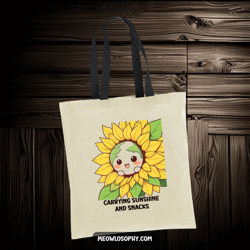 Funny Kawaii Earth character peeking from a giant, smiling sunflower on an eco-friendly tote bag, ready for humorous errands.