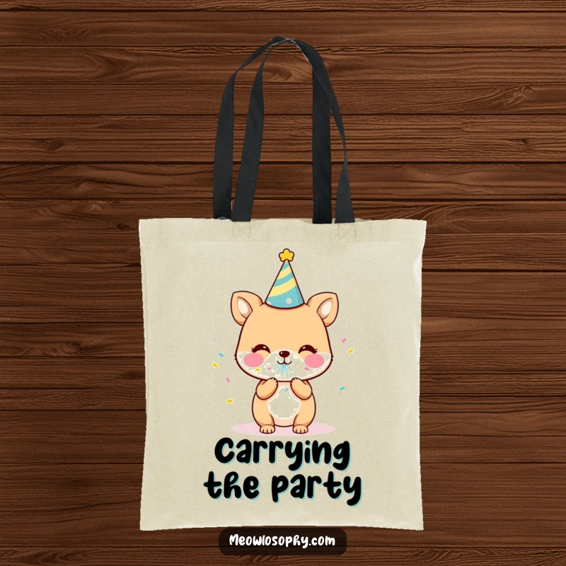 Funny Party Animal Tote Bag featuring a cute character with a party hat, blowing a confetti popper. A humorous and practical accessory.