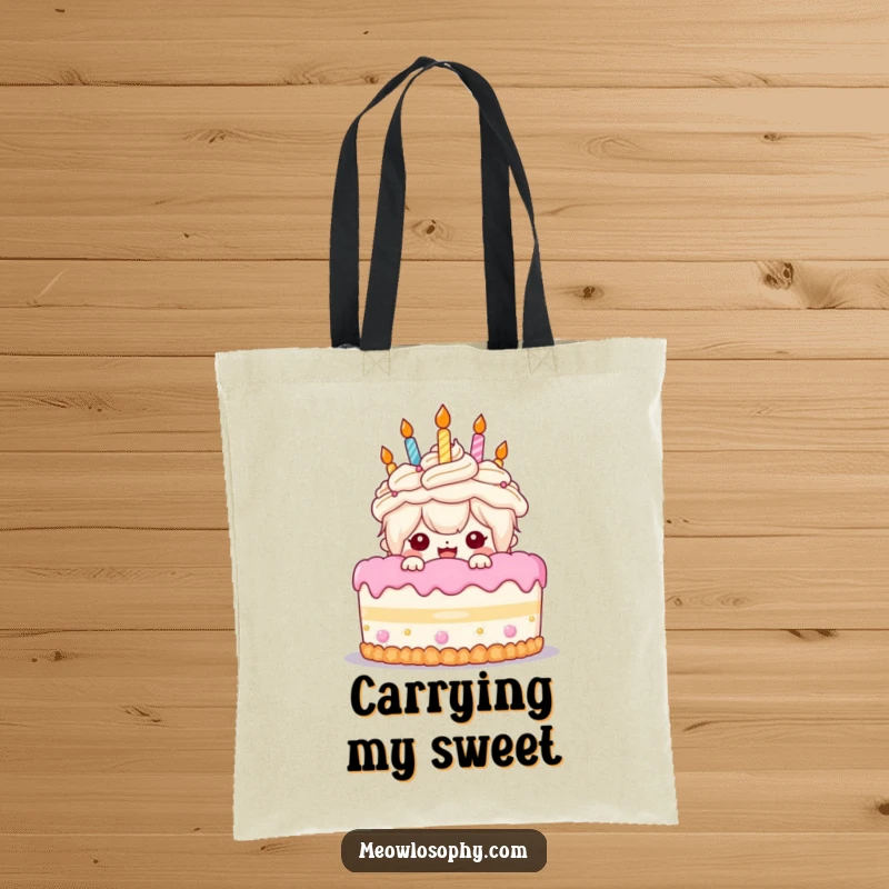 Funny Birthday Cake Tote Bag: A kawaii character peeks happily from behind a giant cake, ready to carry party essentials.