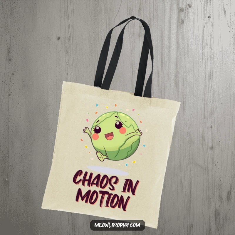 Funny Earth character doing a cartwheel with confetti on an eco-friendly tote bag, ready for humorous outings.