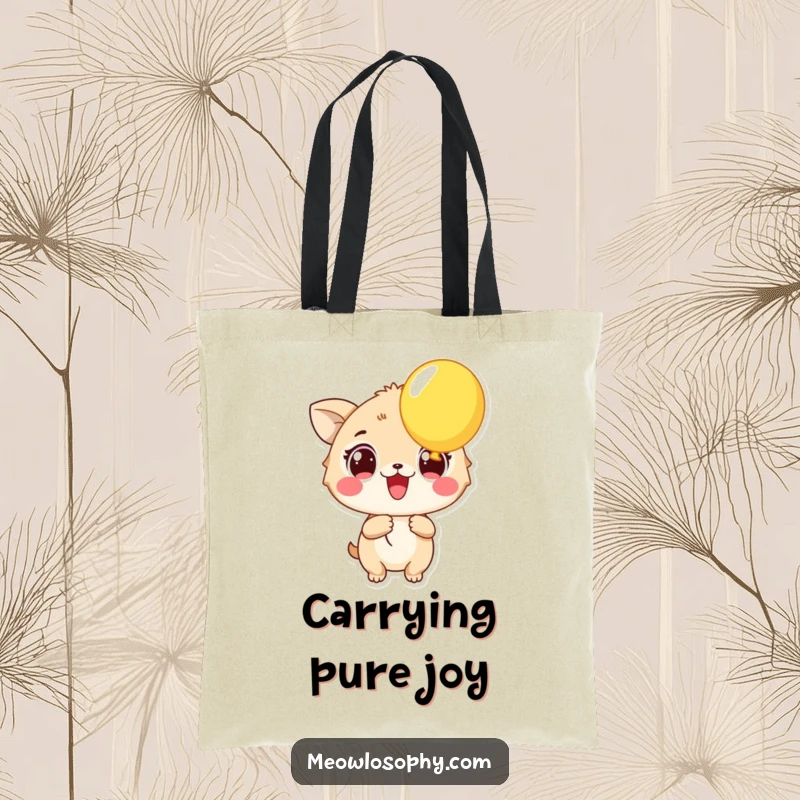 Funny Excited Animal Tote Bag featuring a character with wide eyes holding a colorful balloon. A humorous and practical accessory for happy souls.