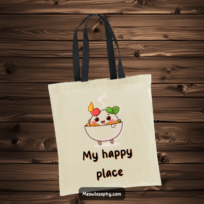 Funny, cute fajita bowl character doing a happy wiggle with steam, on a humorous and practical tote bag.
