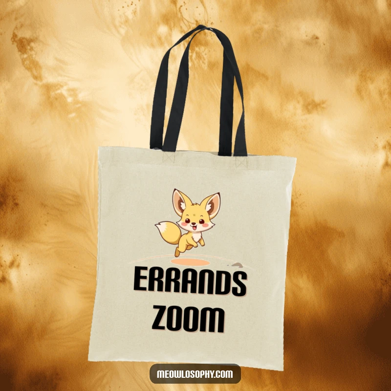 Funny Fennec Fox Tote Bag illustrated with an adorable fox in full zoomie, ears back, kicking up sand with joyful abandon.