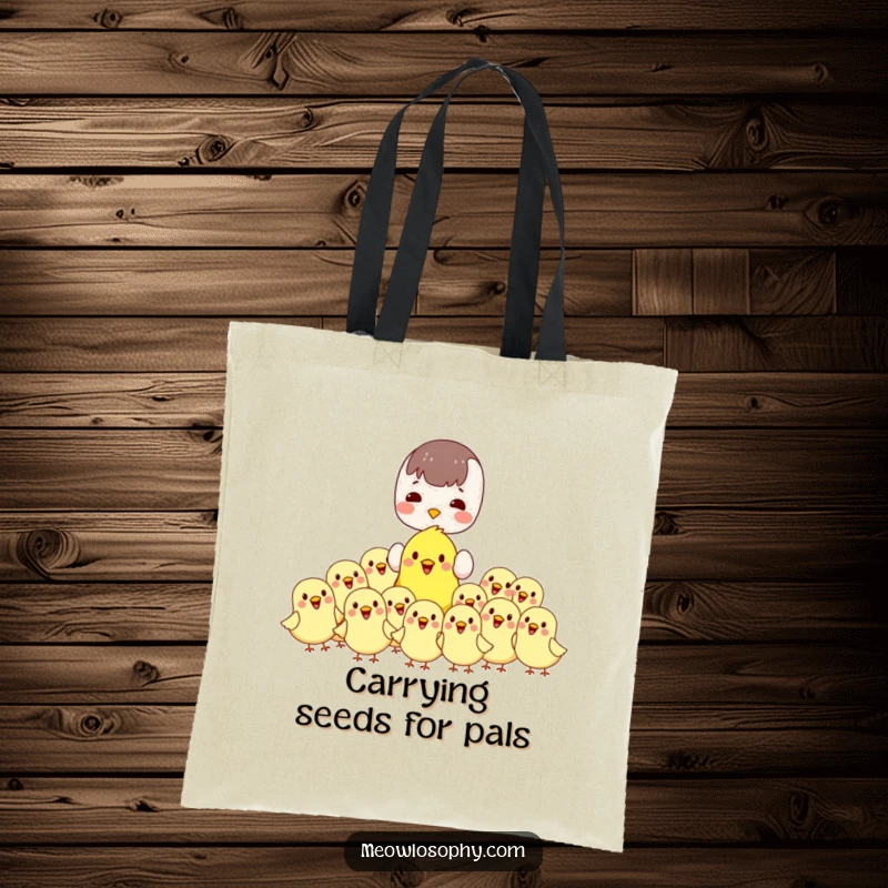 Funny kawaii tote bag with a character feeding cheerful, plump birds. Practical and charming for bird lovers.
