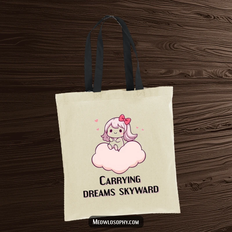 Funny tote bag featuring a kawaii character joyfully riding on a cloud shaped like a heart, perfect for carrying items with happiness.