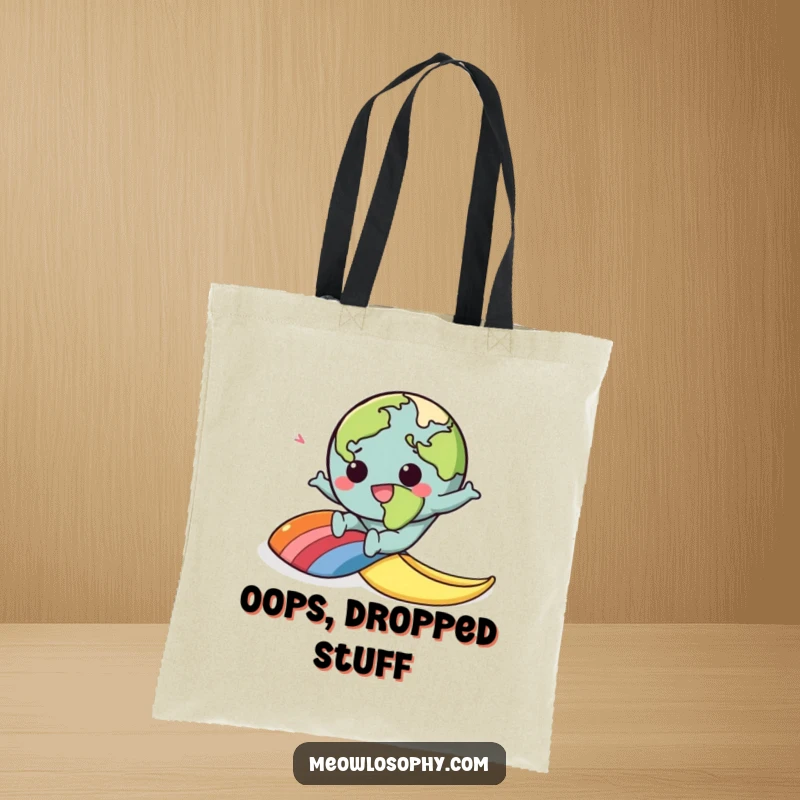 Funny tote bag showcasing a kawaii earth character comically slipping on a rainbow banana peel, perfect for carrying humor.