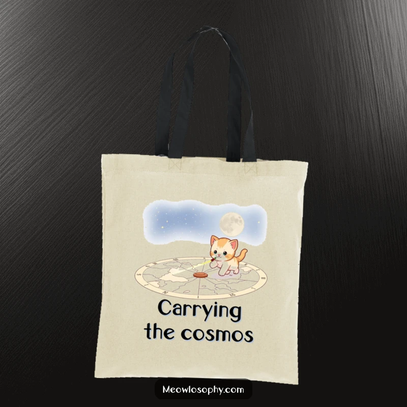 Funny playful kitten tote bag, depicting a kitten chasing a laser beam across a star-filled celestial map, a playful accessory.