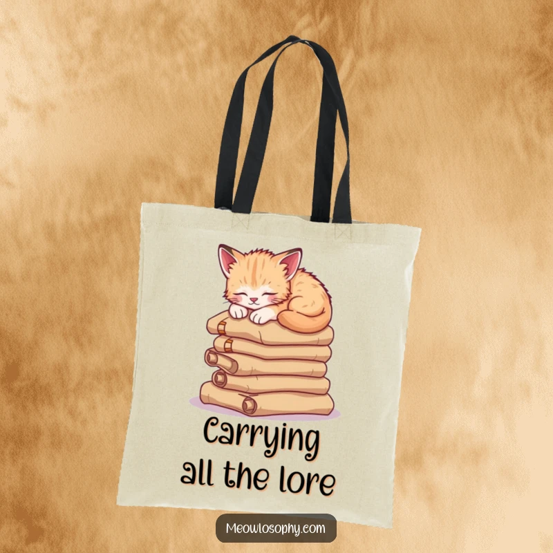 Funny sleepy kitten tote bag, featuring a cute cat napping on ancient scrolls, combining academic vibes with feline charm.