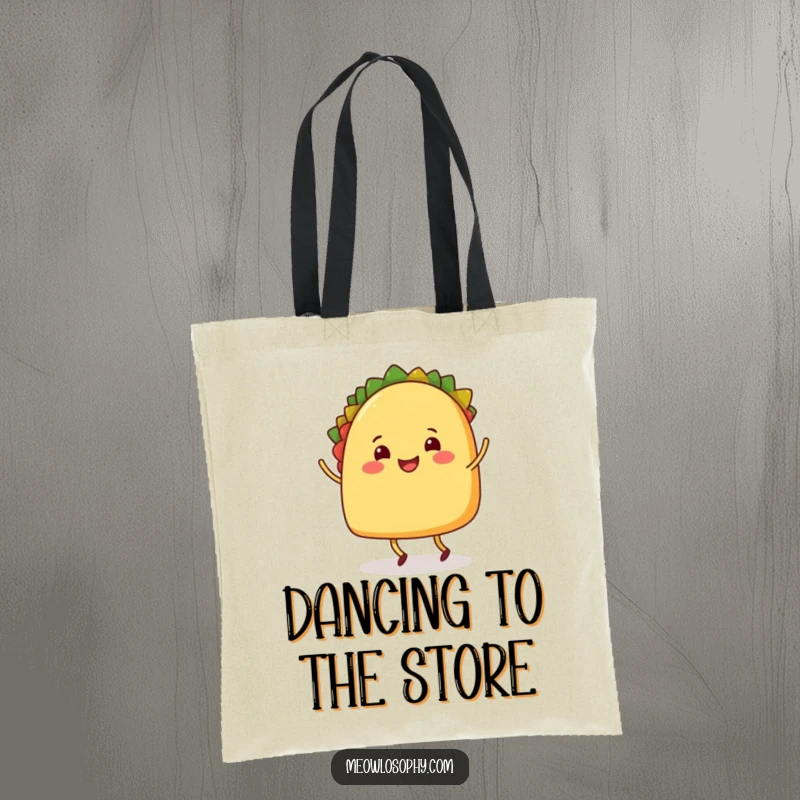 Funny Tote Bag with a smiling taco character with legs performing a fun shuffle dance, a vibrant and humorous accessory.