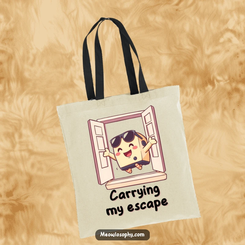Funny toaster in sunglasses dramatically jumping out of a window on a tote bag, perfect for carrying essentials with a dash of rebellion.