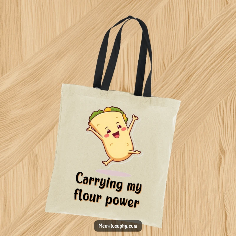 Funny Tote Bag with an anthropomorphic tortilla character performing a joyous cartwheel with flair, a vibrant and humorous accessory.
