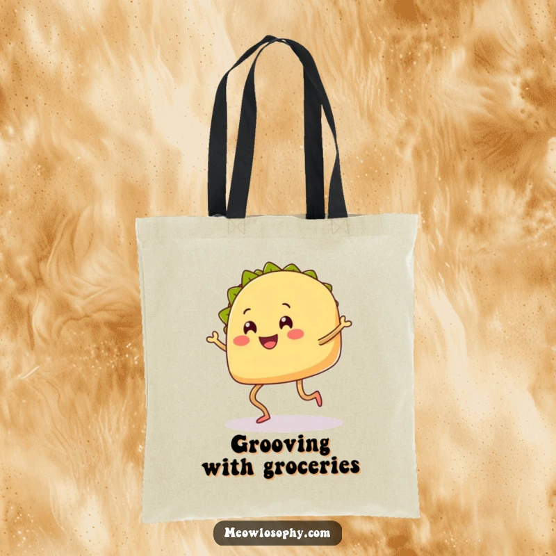 Funny Taco Tote Bag with legs smiling and dancing a happy shuffle dance, perfect for shopping.