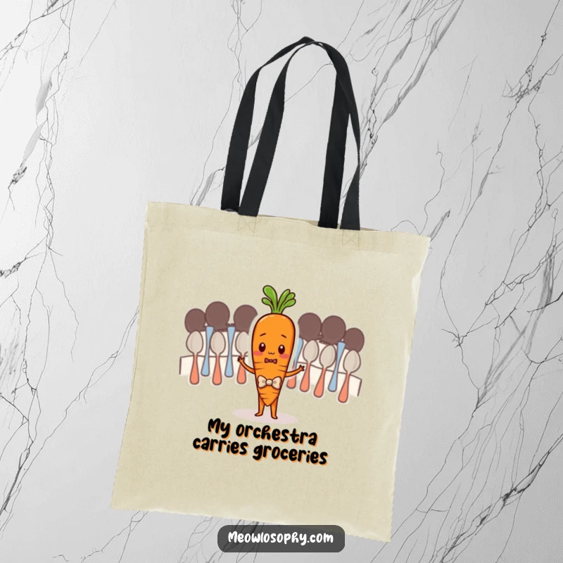 Funny tote bag with a shy carrot in a bowtie leading a spoon orchestra, perfect for carrying groceries or laughs in style.