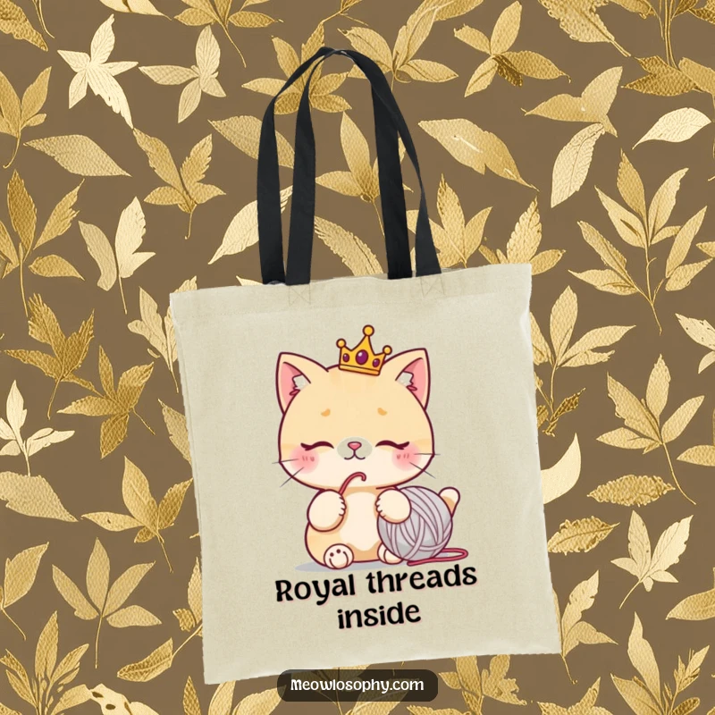 Funny tote bag with a cute cat wearing a tiny crown, thoughtfully staring at a yarn ball, humorous and practical accessory.