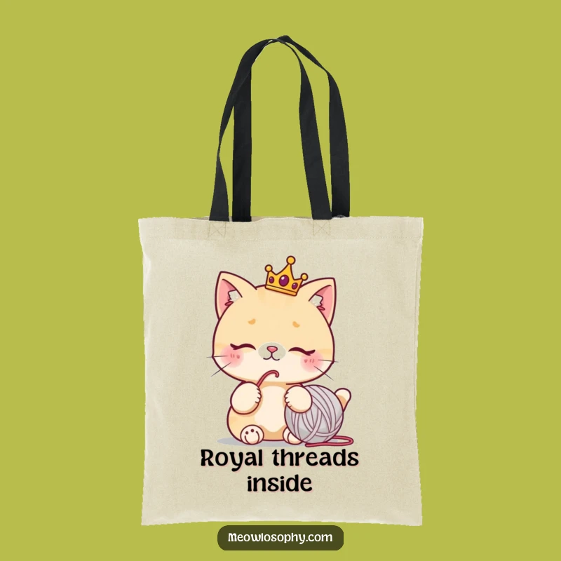Funny Royal Cat Tote Bag: Cute Crowned Feline Yarn Ball Carry-All Gift